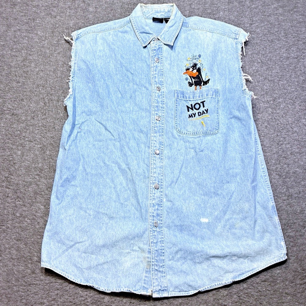 Vintage Looney Tunes Vest Men Medium Warner Bros Studio Biker Grunge Stains